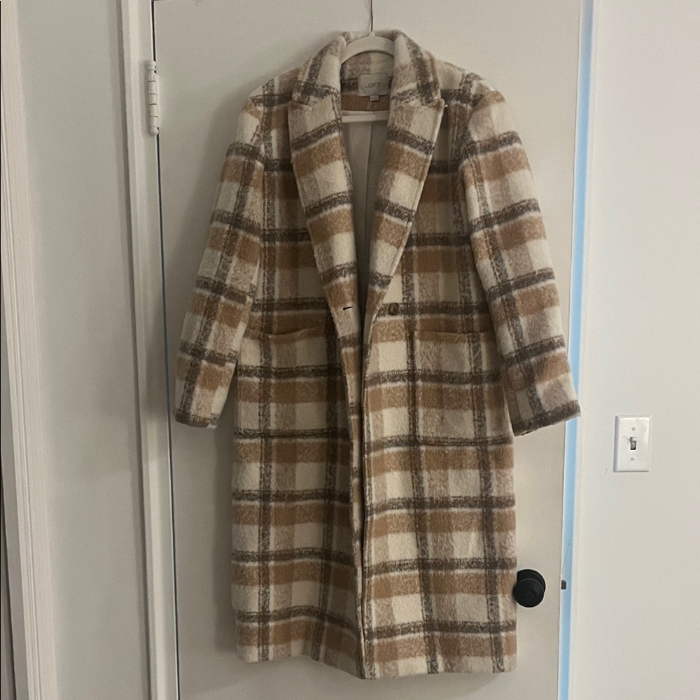 LOFT Cream and Brown Plaid Teddy Jacket